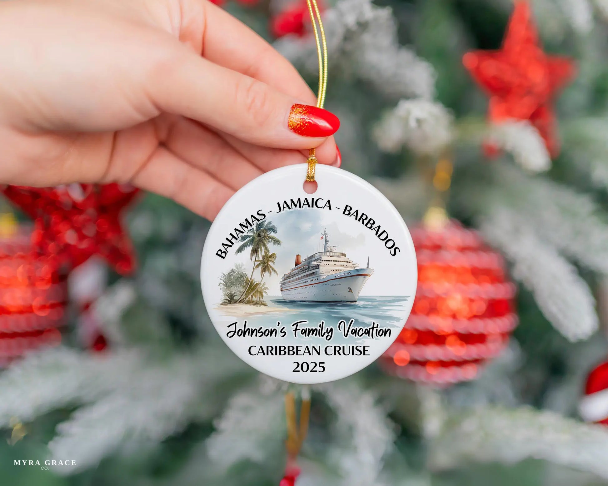 Handmade ceramic Caribbean cruise ornament with personalized location and photo – custom Christmas bauble or cruise vacation souvenir.