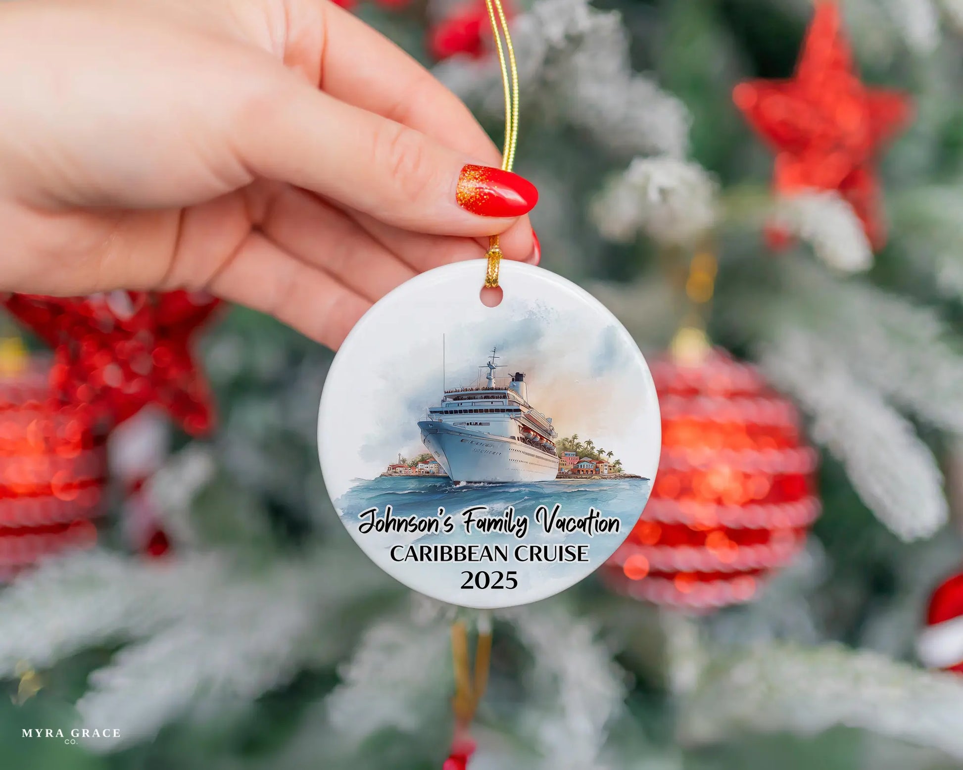 Handmade ceramic Caribbean cruise ornament with personalized location and photo – custom Christmas bauble or cruise vacation souvenir.