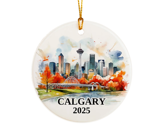Custom Calgary, Alberta ceramic photo ornament with personalized message – handmade Christmas bauble, gift souvenir, or vacation keepsake.  