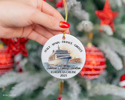 Handmade ceramic Europe cruise ornament with personalized location and photo – custom Christmas bauble or cruise vacation souvenir.