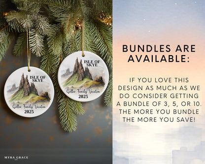 Custom vacation Isle of Skye Scotland ceramic photo ornament with personalized message – handmade Christmas bauble, gift souvenir, or vacation keepsake. Bundles are available