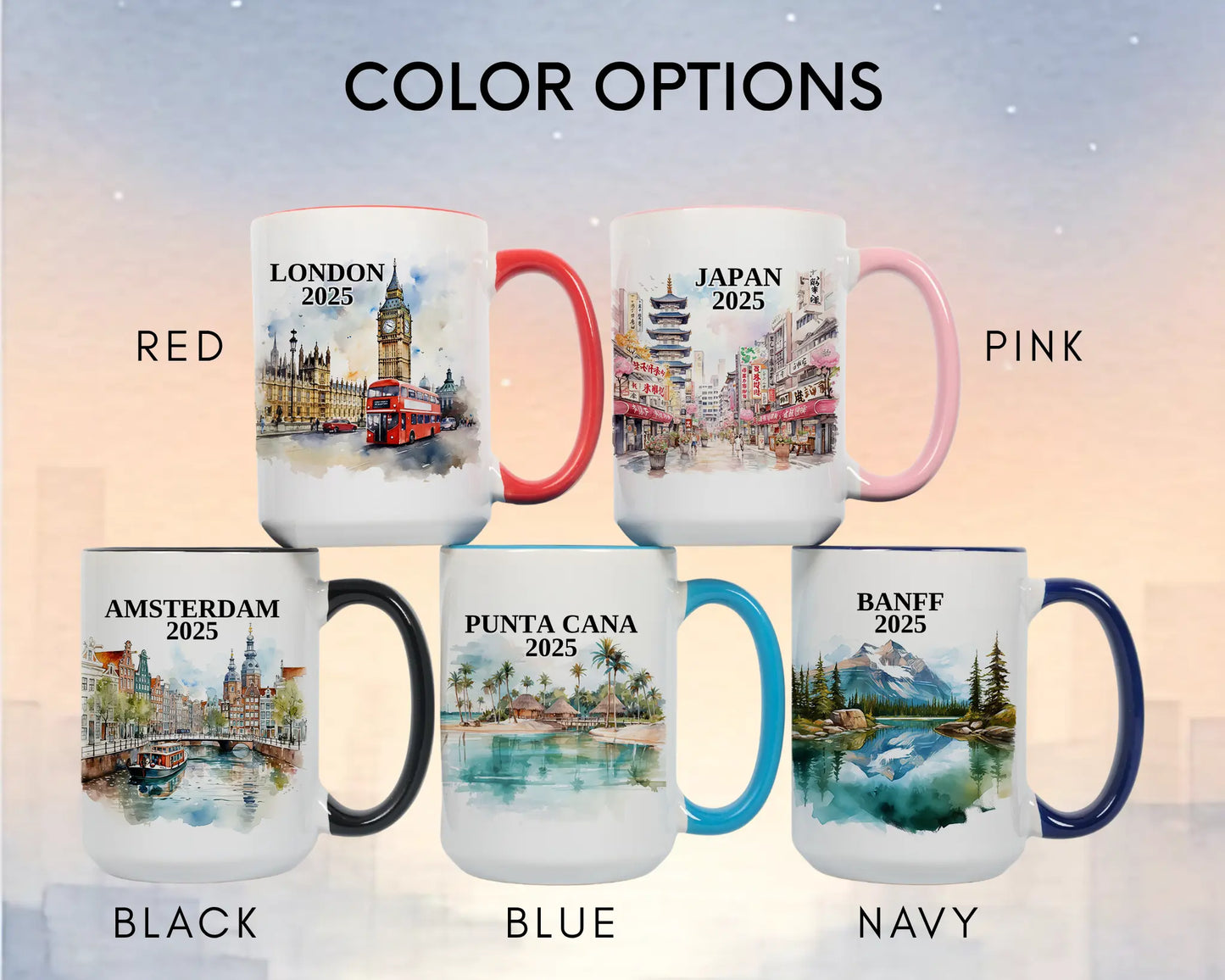 Custom ceramic Amsterdam vacation mug with watercolor location design, date, and personal photo – personalized travel gift or photo mug. Color options