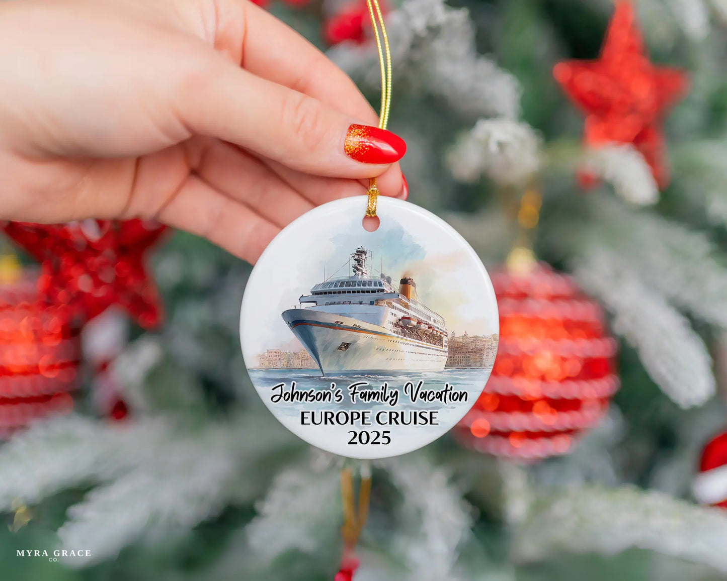 Handmade ceramic European cruise ornament with personalized location and photo – custom Christmas bauble or cruise vacation souvenir.