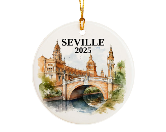 Seville Spain Ornament Custom Gift Souvenir Bauble. Custom Seville Spain ceramic photo ornament with personalized message – handmade Christmas bauble, gift souvenir, or vacation keepsake.  