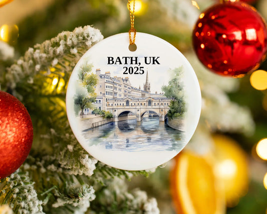 Custom Bath UK ceramic photo ornament with personalized message – handmade Christmas bauble, gift souvenir, or vacation keepsake.