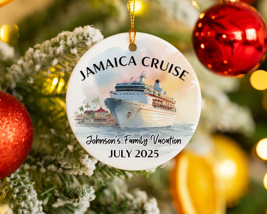 Handmade ceramic Jamaica cruise ornament with personalized location and photo – custom Christmas bauble or cruise vacation souvenir.