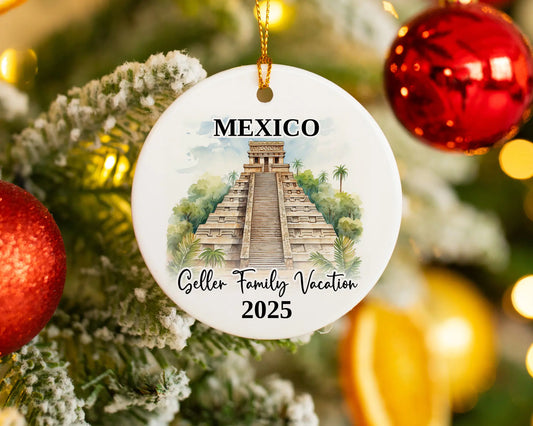 Custom vacation Mexico Pyramids ceramic photo ornament with personalized message – handmade Christmas bauble, gift souvenir, or vacation keepsake. 