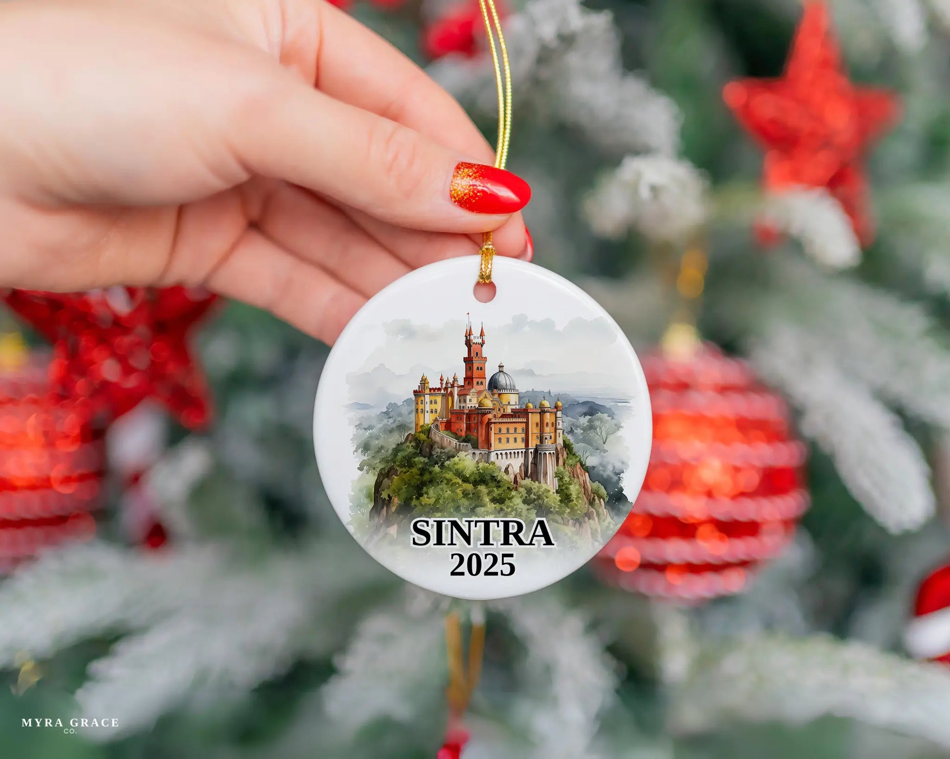 Sintra Portugal Ornament Custom Gift Souvenir Bauble. Custom Sintra Portugal ceramic photo ornament with personalized message – handmade Christmas bauble, gift souvenir, or vacation keepsake.  