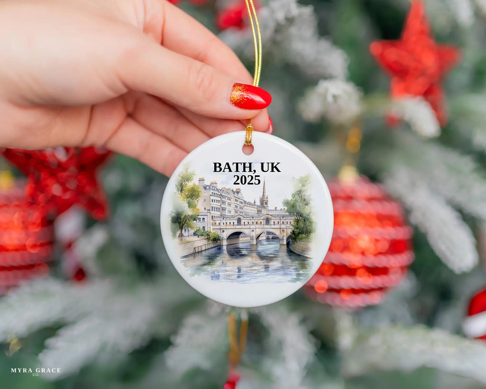 Custom Bath UK ceramic photo ornament with personalized message – handmade Christmas bauble, gift souvenir, or vacation keepsake.