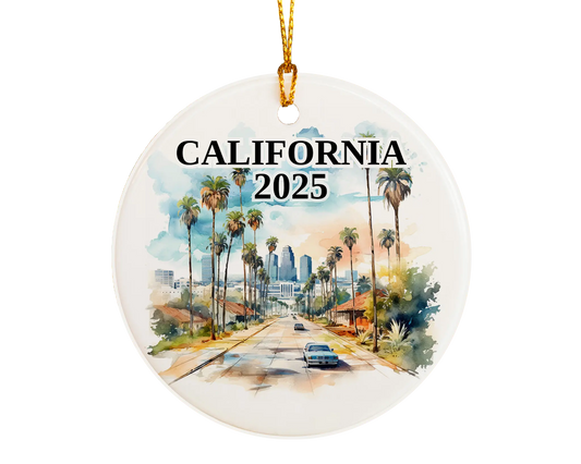 Custom California ceramic photo ornament with personalized message – handmade Christmas bauble, gift souvenir, or vacation keepsake.  