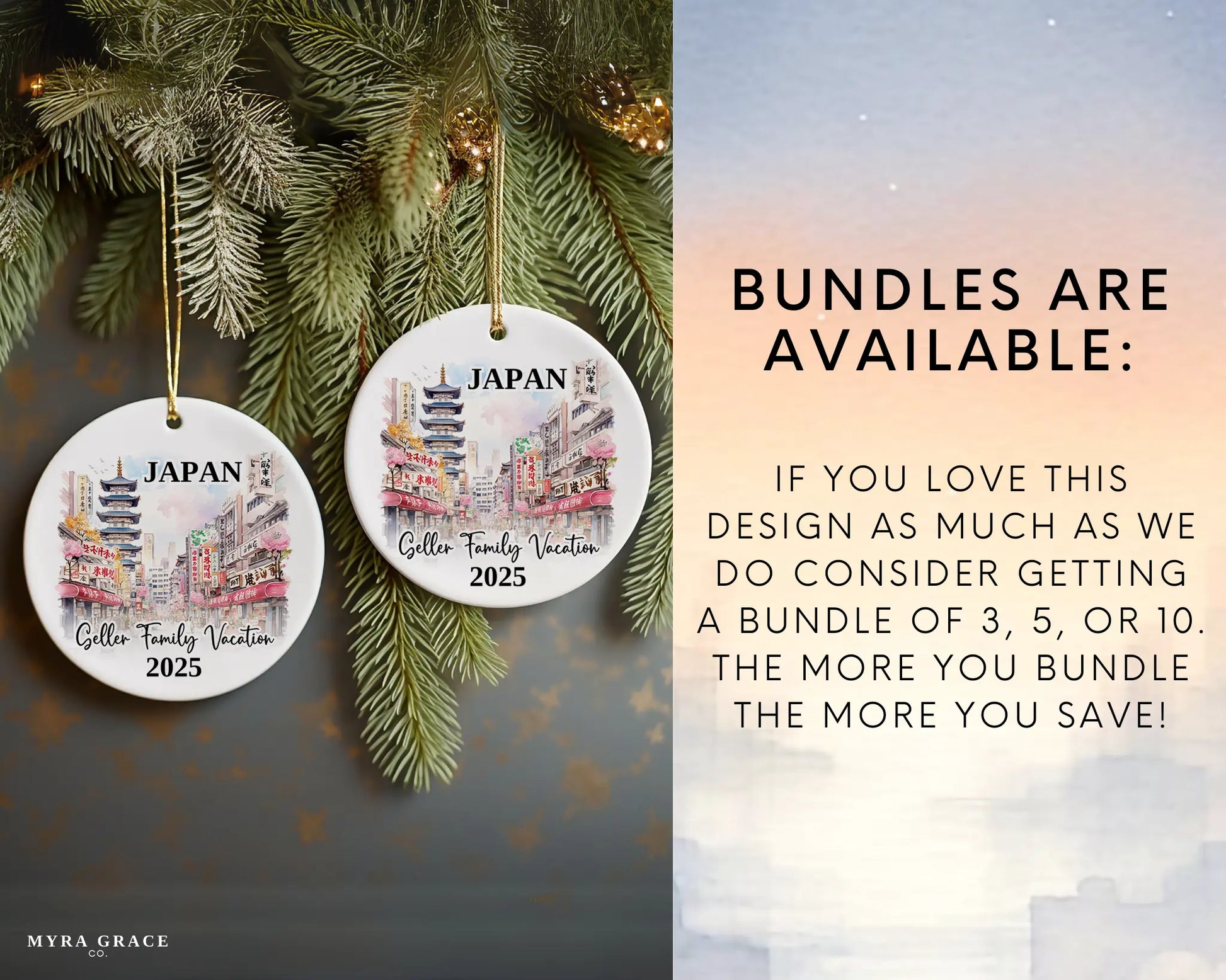 Custom vacation Japan ceramic photo ornament with personalized message – handmade Christmas bauble, gift souvenir, or vacation keepsake. Bundles are available