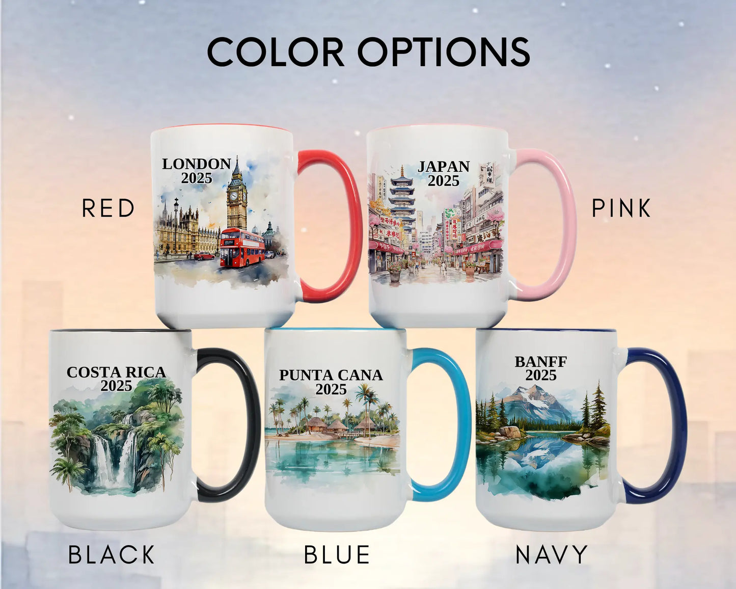 Custom ceramic Costa Rica vacation mug with watercolor location design, date, and personal photo – personalized travel gift or photo mug. Color options