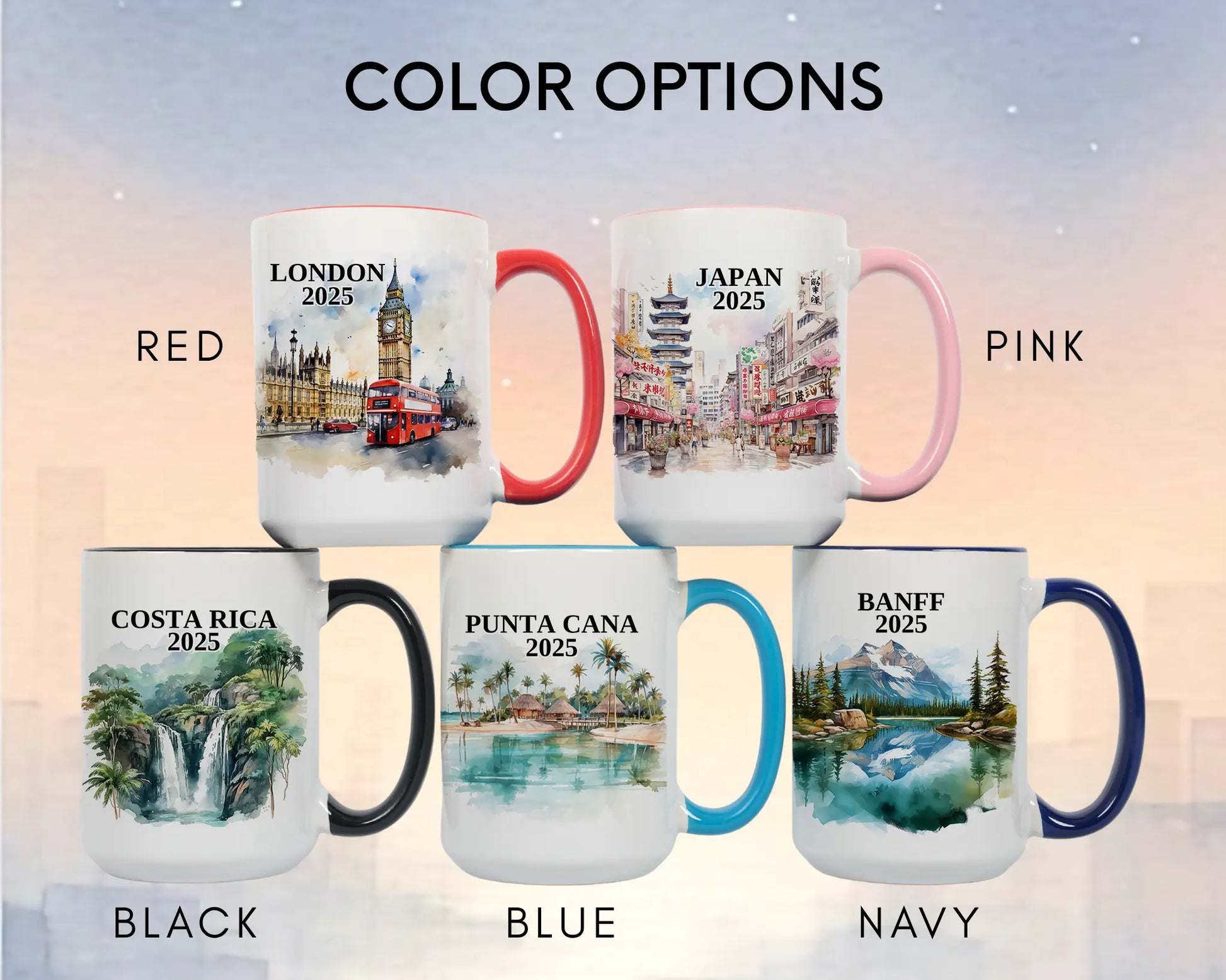 Custom ceramic Costa Rica vacation mug with watercolor location design, date, and personal photo – personalized travel gift or photo mug. Color options