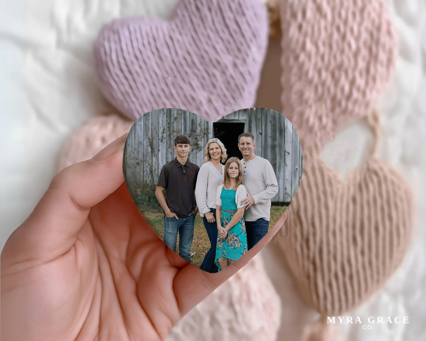 Heart-shaped custom family ceramic photo magnet on fridge – handmade personalized gift or Christmas fridge magnet. 