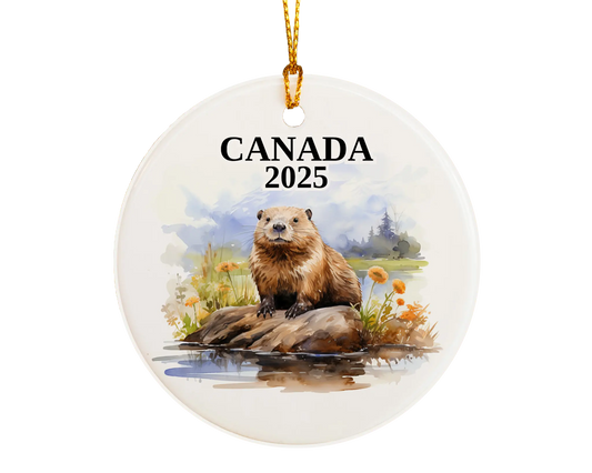 Custom Canada ceramic photo ornament with personalized message – handmade Christmas bauble, gift souvenir, or vacation keepsake.  