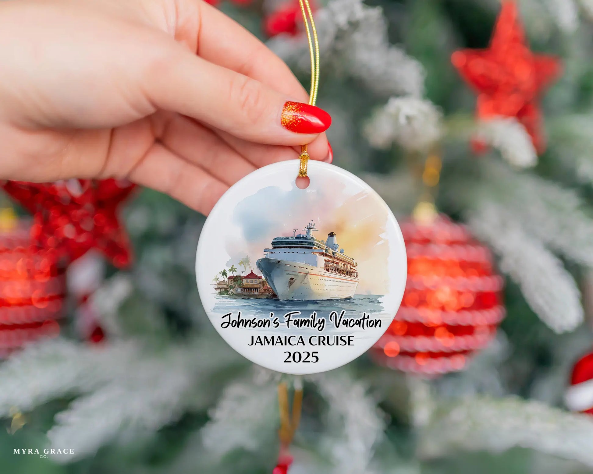 Handmade ceramic Jamaica cruise ornament with personalized location and photo – custom Christmas bauble or cruise vacation souvenir.