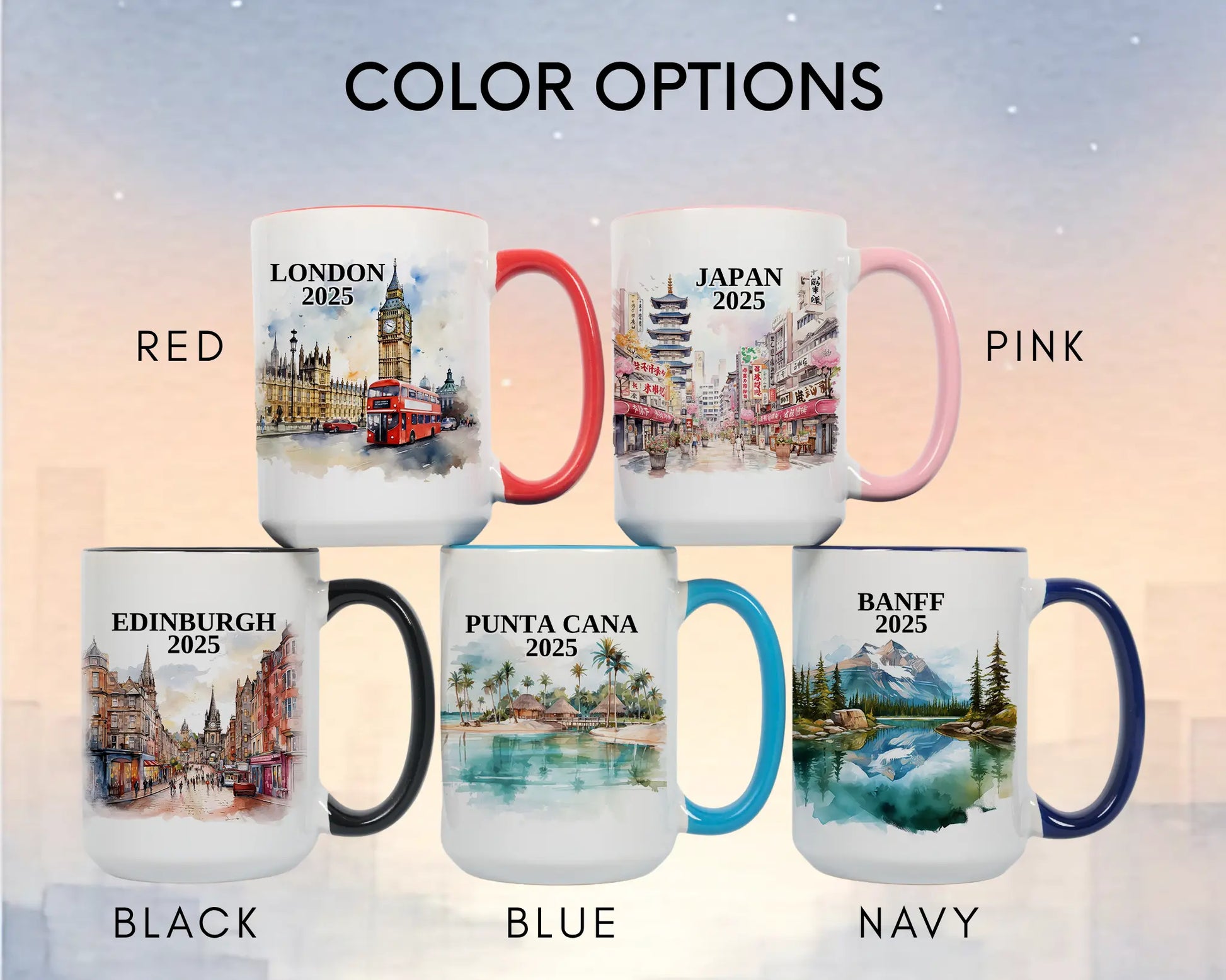 Custom ceramic Edinburgh Scotland vacation mug with watercolor location design, date, and personal photo – personalized travel gift or photo mug. Color options