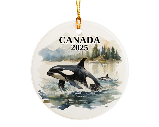 Custom Canada ceramic photo ornament with personalized message – handmade Christmas bauble, gift souvenir, or vacation keepsake.  