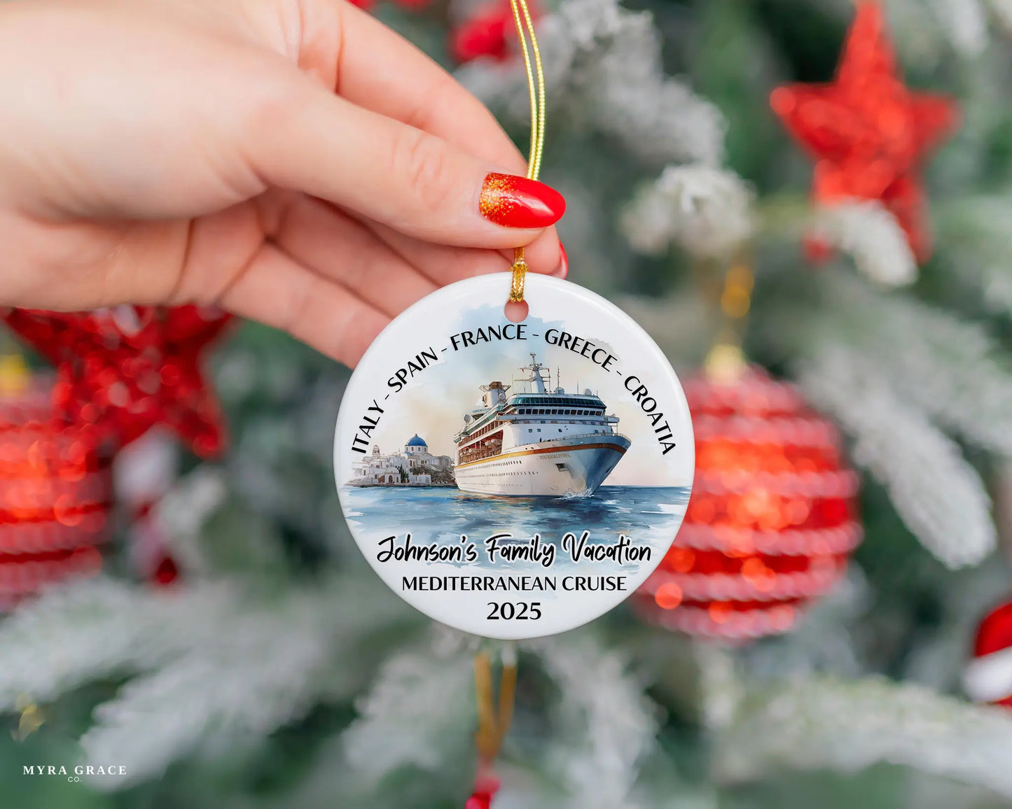 Handmade ceramic Mediterranean cruise ornament with personalized location and photo – custom Christmas bauble or cruise vacation souvenir.