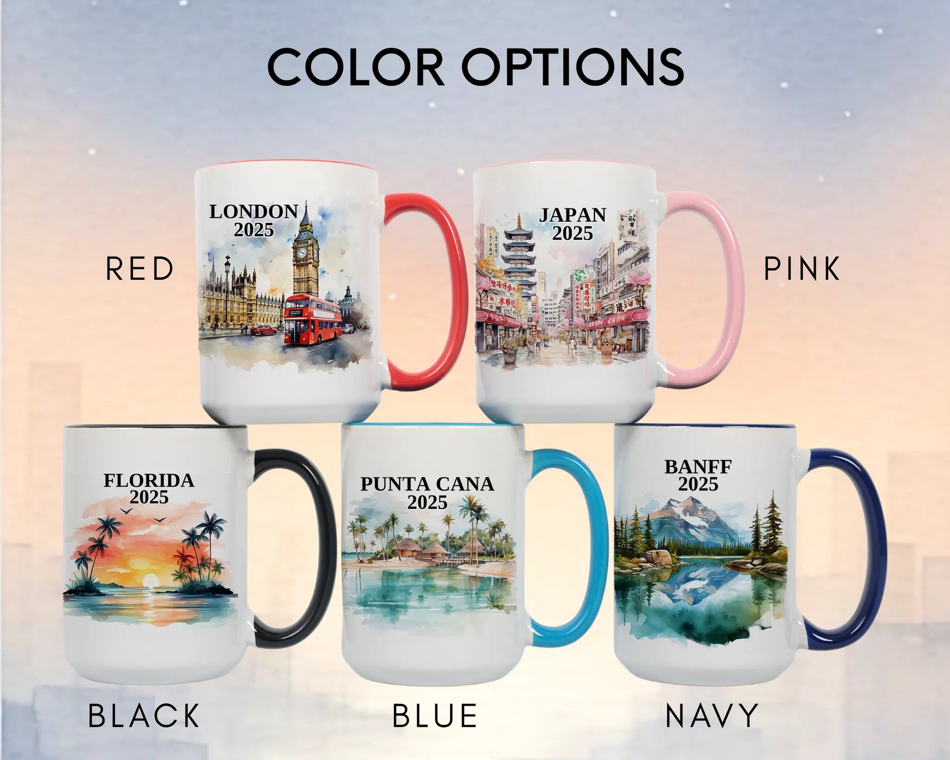 Custom ceramic Florida vacation mug with watercolor location design, date, and personal photo – personalized travel gift or photo mug. Color options