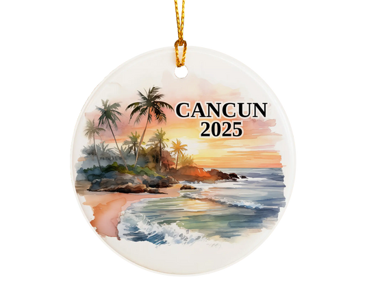Custom Cancun, Mexico ceramic photo ornament with personalized message – handmade Christmas bauble, gift souvenir, or vacation keepsake.  