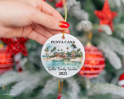 Custom vacation Punta Cana ceramic photo ornament with personalized message – handmade Christmas bauble, gift souvenir, or vacation keepsake. 