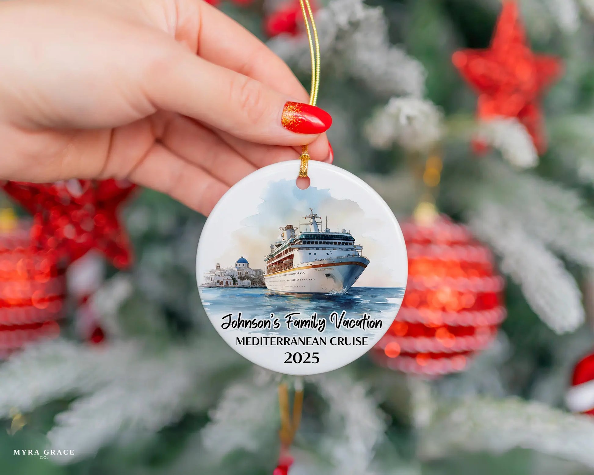 Handmade ceramic Mediterranean cruise ornament with personalized location and photo – custom Christmas bauble or cruise vacation souvenir.