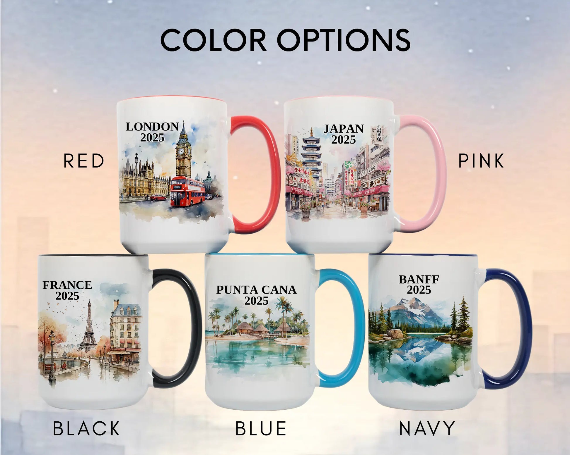 Custom ceramic France vacation mug with watercolor location design, date, and personal photo – personalized travel gift or photo mug. Color options