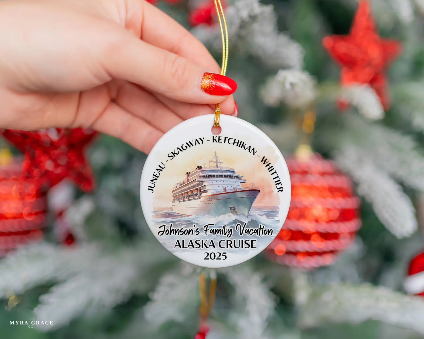 Handmade ceramic Alaska cruise ornament with personalized location and photo – custom Christmas bauble or cruise vacation souvenir.