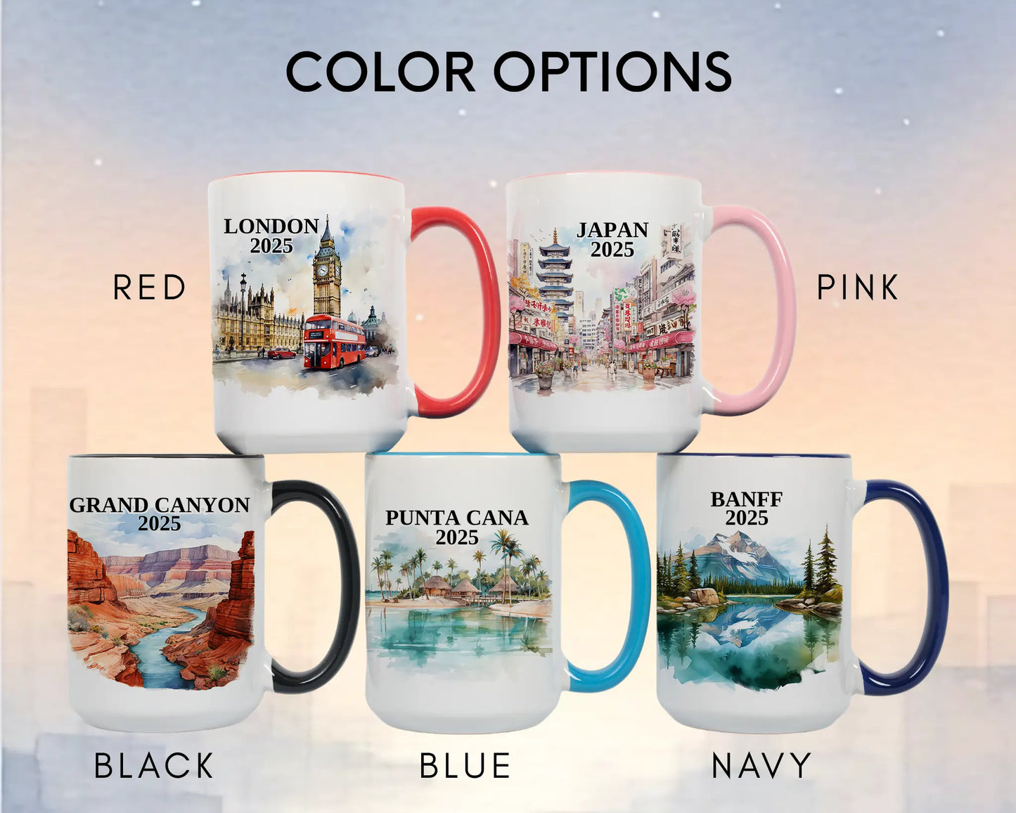Custom ceramic Grand Canyon vacation mug with watercolor location design, date, and personal photo – personalized travel gift or photo mug. Color options