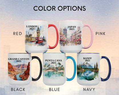 Custom ceramic Grand Canyon vacation mug with watercolor location design, date, and personal photo – personalized travel gift or photo mug. Color options