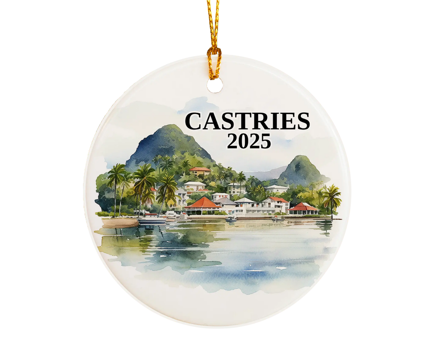 Custom Castries Saint Lucia ceramic photo ornament with personalized message – handmade Christmas bauble, gift souvenir, or vacation keepsake.  