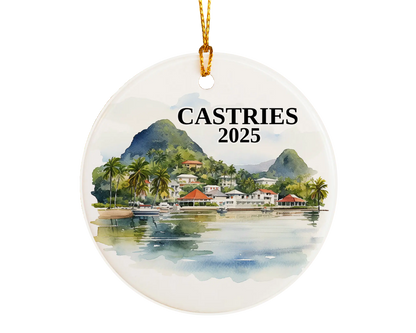 Custom Castries Saint Lucia ceramic photo ornament with personalized message – handmade Christmas bauble, gift souvenir, or vacation keepsake.  