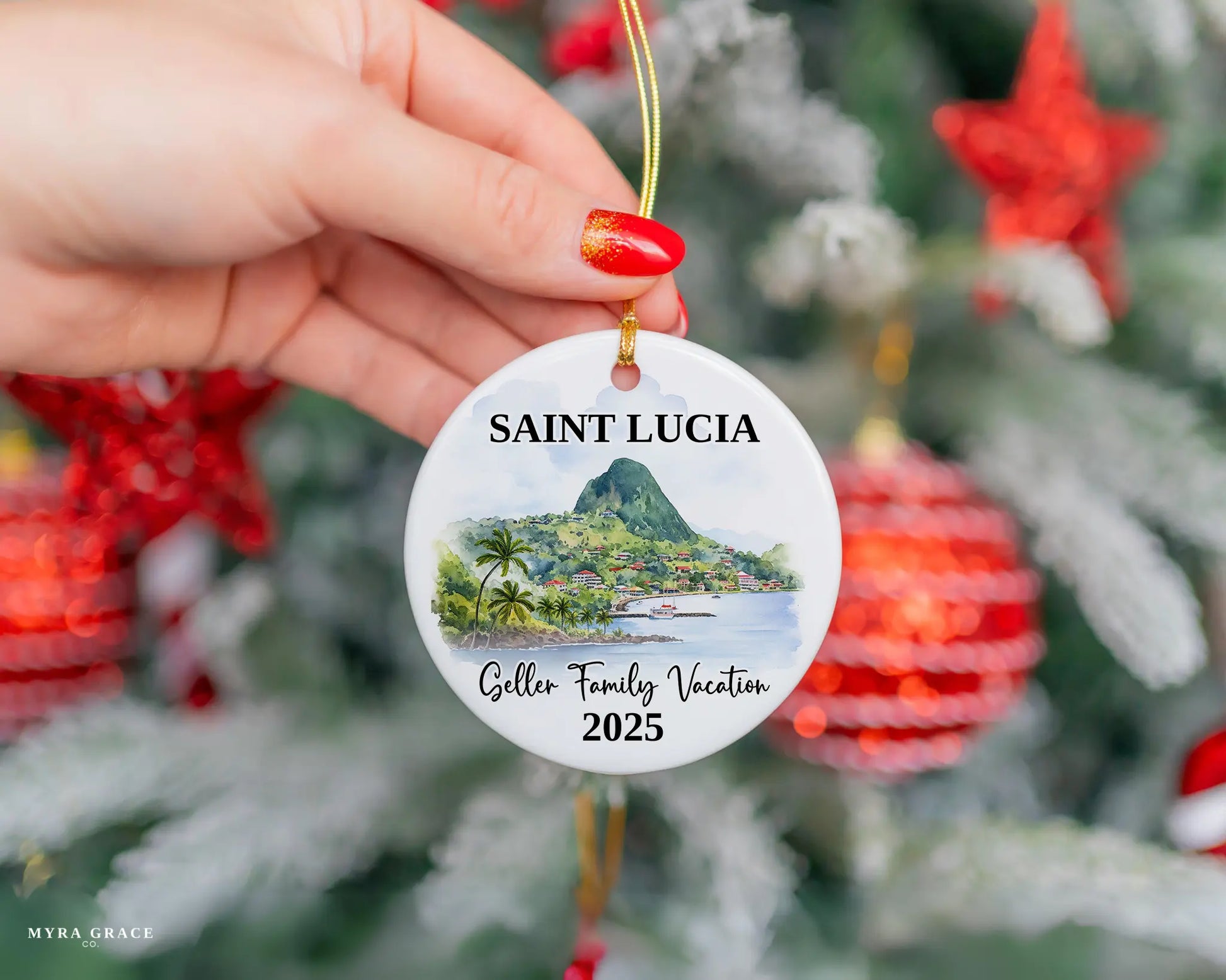 Custom vacation Saint Lucia ceramic photo ornament with personalized message – handmade Christmas bauble, gift souvenir, or vacation keepsake. 