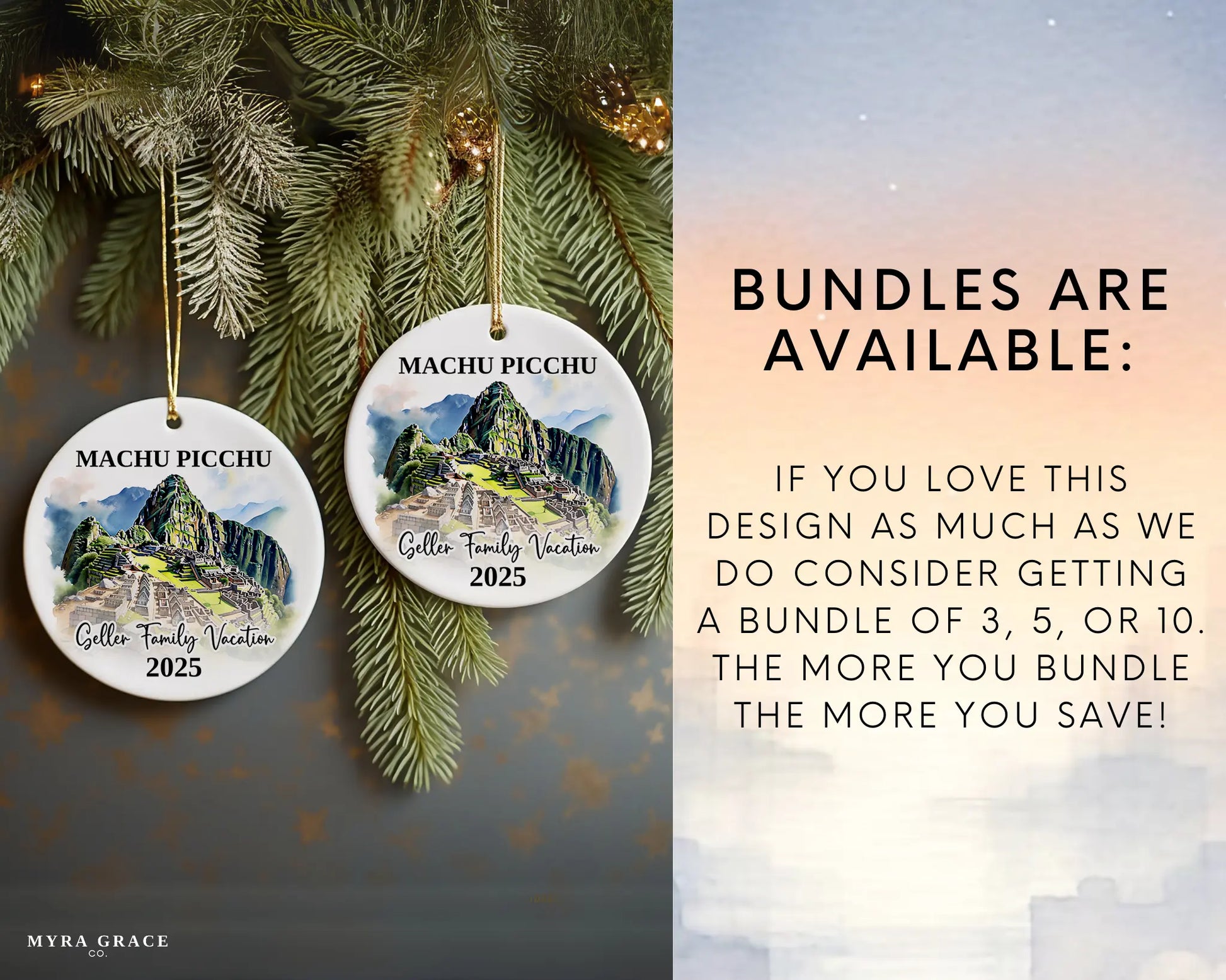 Custom vacation Machu Picchu ceramic photo ornament with personalized message – handmade Christmas bauble, gift souvenir, or vacation keepsake. Bundles are available