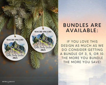 Custom vacation Machu Picchu ceramic photo ornament with personalized message – handmade Christmas bauble, gift souvenir, or vacation keepsake. Bundles are available