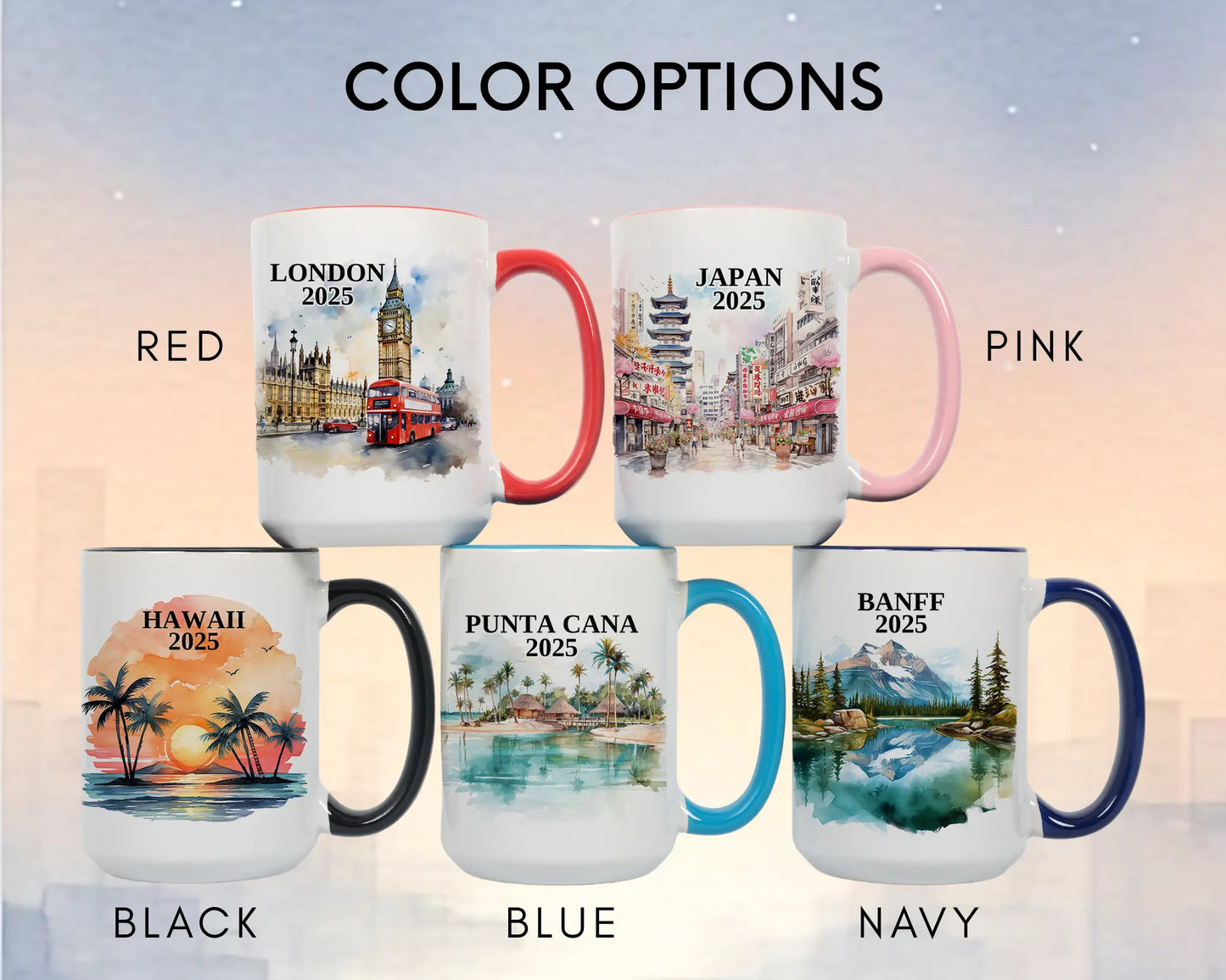 Custom ceramic Hawaii vacation mug with watercolor location design, date, and personal photo – personalized travel gift or photo mug. Color options
