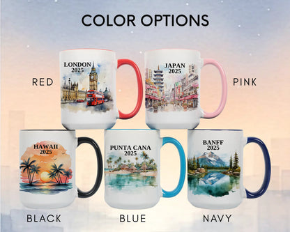 Custom ceramic Hawaii vacation mug with watercolor location design, date, and personal photo – personalized travel gift or photo mug. Color options