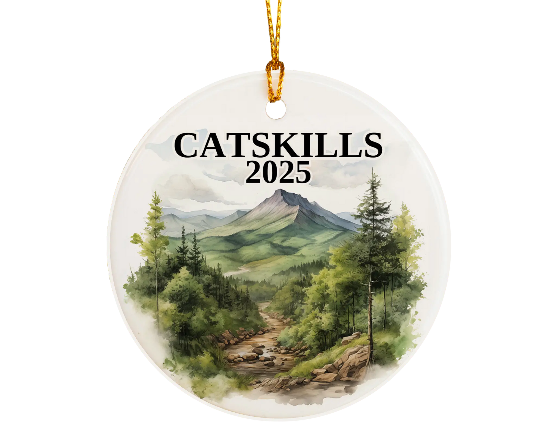 Custom Catskills ceramic photo ornament with personalized message – handmade Christmas bauble, gift souvenir, or vacation keepsake.  
