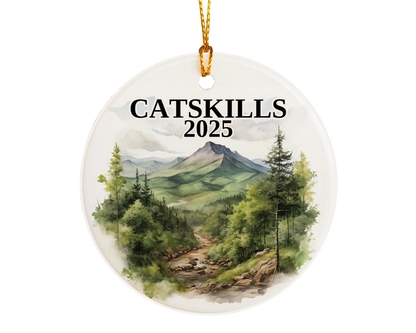 Custom Catskills ceramic photo ornament with personalized message – handmade Christmas bauble, gift souvenir, or vacation keepsake.  