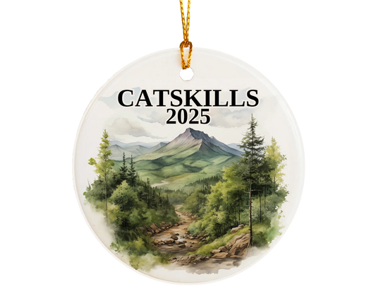 Custom Catskills ceramic photo ornament with personalized message – handmade Christmas bauble, gift souvenir, or vacation keepsake.  