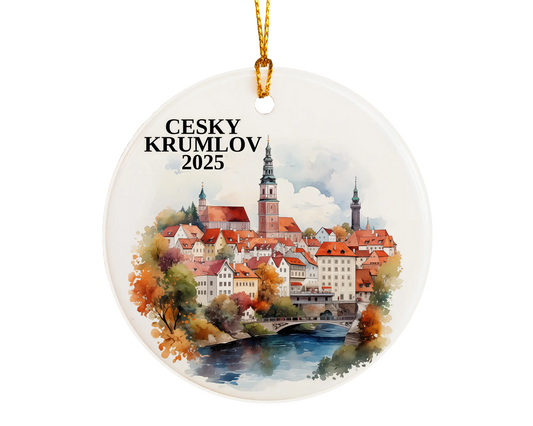 Custom Cesky Krumlov Czech Republic ceramic photo ornament with personalized message – handmade Christmas bauble, gift souvenir, or vacation keepsake.  