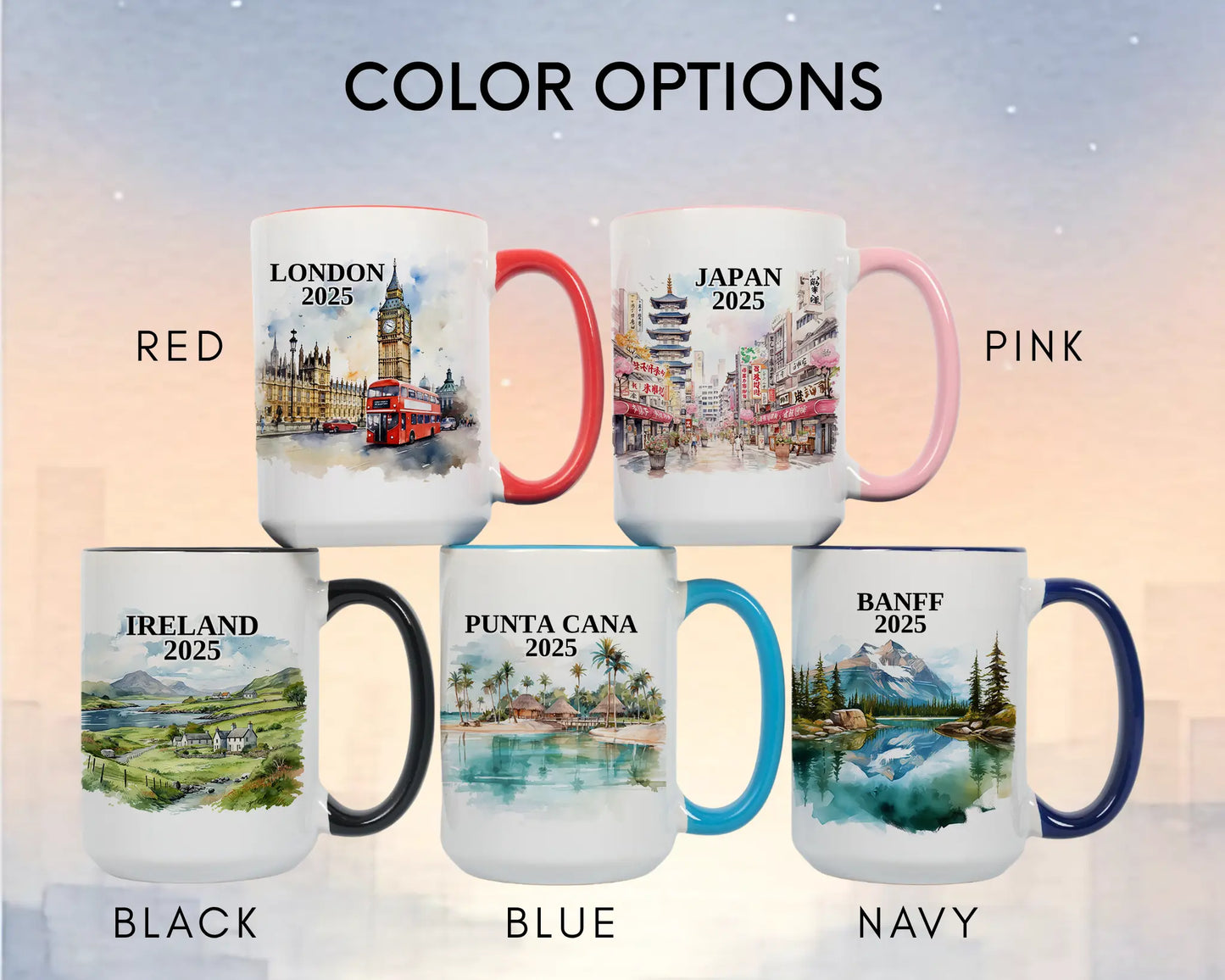 Custom ceramic Ireland vacation mug with watercolor location design, date, and personal photo – personalized travel gift or photo mug. Color options