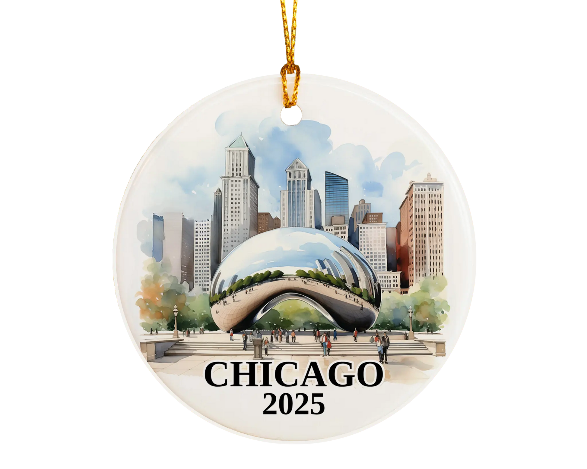 Custom Chicago ceramic photo ornament with personalized message – handmade Christmas bauble, gift souvenir, or vacation keepsake.  