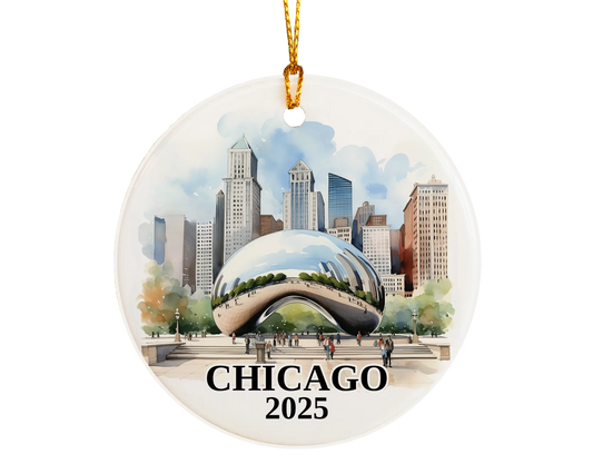 Custom Chicago ceramic photo ornament with personalized message – handmade Christmas bauble, gift souvenir, or vacation keepsake.  