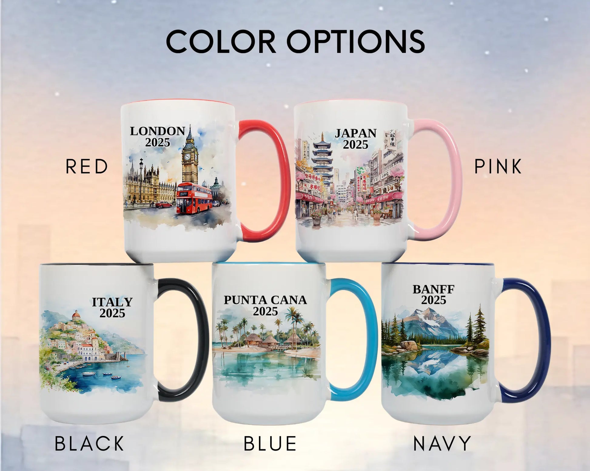 Custom ceramic Italy Amalfi Coast vacation mug with watercolor location design, date, and personal photo – personalized travel gift or photo mug. Color options
