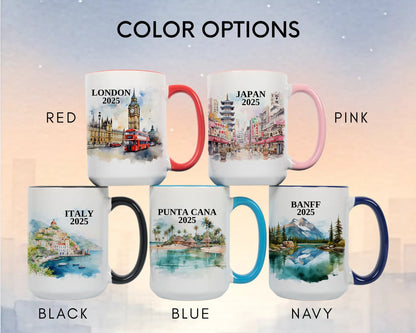 Custom ceramic Italy Amalfi Coast vacation mug with watercolor location design, date, and personal photo – personalized travel gift or photo mug. Color options