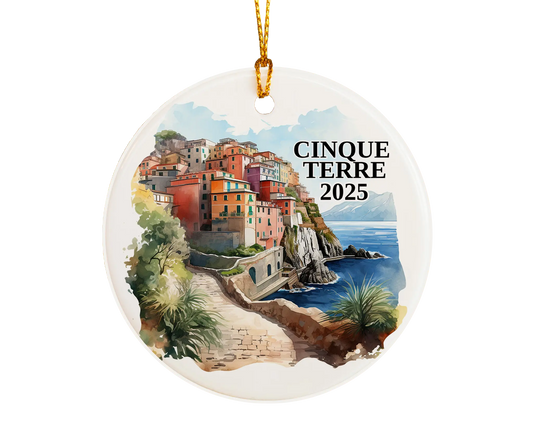 Custom Cinque Terre Italy ceramic photo ornament with personalized message – handmade Christmas bauble, gift souvenir, or vacation keepsake.  