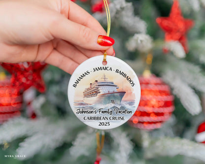 Handmade ceramic Caribbean cruise ornament with personalized location and photo – custom Christmas bauble or cruise vacation souvenir.