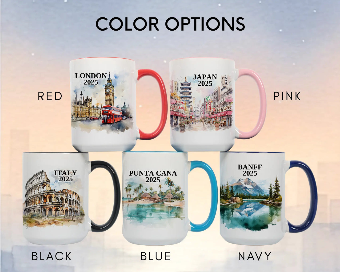 Custom ceramic Italy Colosseum vacation mug with watercolor location design, date, and personal photo – personalized travel gift or photo mug. Color options